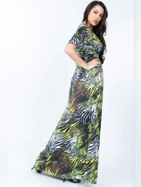 Maxi Zebra-Print Flutter Sleeve Dress in Neon Green